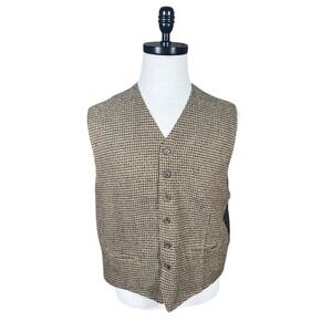 Cellini Linea Uomo Mens Wool Blend Houndstooth Vest Brown Tan V-Neck Waistcoat M